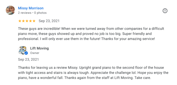 60 Lift Moving Testimonials